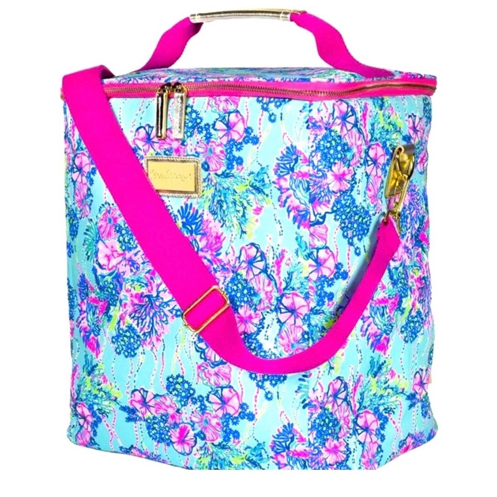Lilly Pulitzer Cooler Bag Women Blue Pink "Neon Beach"‎ Insulated 4-Wine Bottle